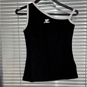 Black One-Shoulder Tank Top with White Trim